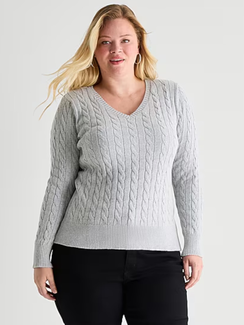 St. John's Bay Gray Cable-Knit V-Neck Sweater